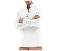 Gefomuofe Camisa medieval para hombre, disfraz de vikingo, camisa con cordones, renacimiento, renacimiento, manga larga, cuello medieval, camisa pirata, disfraz de cosplay, Blanco, L