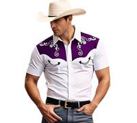 Gefomuofe Camisa occidental de manga corta para hombre, disfraz de vaquero, camisa para carnaval, camisas de carnaval con estampado festivo, camisa de jinete, camisa tradicional para el tiempo libre