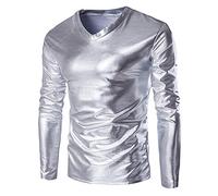 Gefomuofe Camisas metálicas brillantes para hombre, aspecto mojado, manga larga, corte ajustado, cuello de pico, blusa, desenfadada, parte superior, fiesta, discoteca, disfraz, discoteca, plata, L