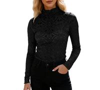 Gefomuofe Camiseta de cuello alto para mujer, de terciopelo, jacquard, ajustada, de manga larga, informal, de terciopelo, elástica, cuello alto, básica, ropa interior funcional, Negro , M