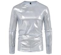 Gefomuofe Camiseta de manga larga metálica para hombre, reflectante, elegante, colorida, con aspecto mojado, camiseta muscular, camiseta para discoteca, disfraz de fiesta, plata, XXL