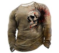 Gefomuofe - Camiseta de manga larga para hombre con calaveras, vintage, de algodón, sencilla, estilo suéter, para ocio, negocios, ligera, con estampado de letras, novedad, primavera, D caqui., M