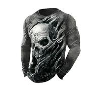 Gefomuofe - Camiseta de manga larga para hombre con calaveras, vintage, de algodón, sencilla, suéter, para ocio, negocios, ligera, novedad, primavera, estampado de letras, E gris., XXL