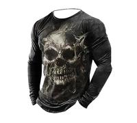 Gefomuofe Camiseta de manga larga para hombre, diseño de calavera, manga larga, vintage, de algodón, simple, informal, para negocios, novedad, primavera, diseño de letras, E negro., XXXL