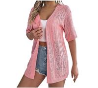 Gefomuofe Cárdigan de punto para mujer de gran tamaño, chaqueta de ganchillo con parte delantera abierta, chaqueta de camisa fina, protección solar, media manga, top festivo, tops, bolero suelto, Rosa