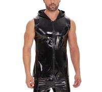 Gefomuofe Chaleco de piel para hombre de charol sin mangas, aspecto mojado, con cremallera, metálico, con capucha, sin mangas, aspecto mojado, brillante, para fiestas, Negro , L