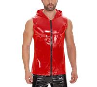 Gefomuofe Chaleco de piel para hombre de charol sin mangas, aspecto mojado, con cremallera, metálico, con capucha, sin mangas, aspecto mojado, brillante, para fiestas, rojo, XL