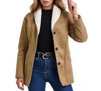 Gefomuofe Chaqueta de cuero con pelo para mujer, chaqueta de forro polar con solapa y botones, chaqueta de ante forrada cálida, chaqueta de ante, abrigo de invierno grueso, abrigo largo de guisantes