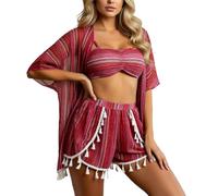 Gefomuofe Conjunto de bikini para mujer de 4 piezas, traje de baño con estampado floral, push up, conjunto de cubierta de bikini sexy, ropa de playa, protección solar, poncho de playa, elegante traje