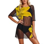 Gefomuofe Conjunto de protección solar para mujer, bikini de 3 piezas, traje de baño transparente con estampado floral tankini conjuntos retro trajes de baño elegantes trajes de baño, amarillo, L
