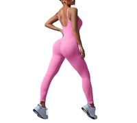 Gefomuofe Conjunto de yoga para mujer, con cuello redondo acanalado, mameluco ajustable, correas cruzadas de una pieza, espalda descubierta, mono de gimnasio, mono elástico, chándal deportivo, Rosa