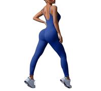 Gefomuofe Conjunto de yoga para mujer, con cuello redondo acanalado, mameluco ajustable, correas cruzadas de una pieza, espalda descubierta, mono de gimnasio, mono elástico, chándal deportivo, azul