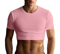 Gefomuofe Crop Top Herren Sport Fitness Short T-Shirt Fitness Sport Muskelshirts Bodybuilding Gym Kurzarm Shirt Schmale Passform Tops Clubwear Tops, Rosa., M