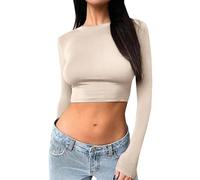 Gefomuofe Crop Tops Damen Rundhalsausschnitt Basic T-Shirts Slim Fit Top Langarmshirt Einfarbig Workout Sportshirt Yoga Trainingsshirt Stretch Tops Streetwear, beige, XXL
