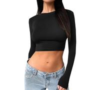 Gefomuofe Crop Tops Damen Rundhalsausschnitt Basic T-Shirts Slim Fit Top Langarmshirt Einfarbig Workout Sportshirt Yoga Trainingsshirt Stretch Tops Streetwear, Negro , L