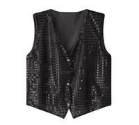 Gefomuofe Hombre Chaleco de lentejuelas sin mangas de los 70 con brillo, abrigo, disfraz de carnaval de disco, atuendo de rave, chaleco de lentejuelas, oro, plata, negro, chaleco de brillo casual