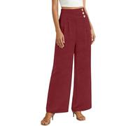 Gefomuofe Marlenehose - Pantalones de verano anchos y sueltos para mujer, ligeros, para el tiempo libre, con bolsillo, cintura alta, ligeros, elásticos, con botones, pantalones de trabajo, rojo, XL