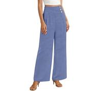 Gefomuofe Marlenehose - Pantalones de verano anchos y sueltos para mujer, ligeros, para el tiempo libre, con bolsillo, cintura alta, ligeros, elásticos, con botones, pantalones de trabajo, azul, XL