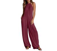 Gefomuofe Mono para mujer, elegante, blanco, plisado, sin espalda, pierna ancha, mono elegante, traje de playa, traje de pantalón para mujer, moda para fiesta de verano, rojo, XL