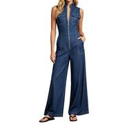 Gefomuofe Mono vaquero para mujer, sin mangas, de una pieza, de pierna ancha, estilo vintage, estilo vaquero, con cremallera, holgado, pierna recta, traje de pantalón, azul, M