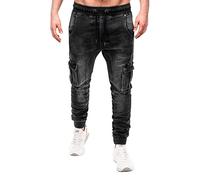 Gefomuofe Pantalones de jogging para hombre con aspecto de jeans, denim de algodón mezcla de algodón, cordón, estilo destruido, elástico, jeans cargo skinny de ajuste slim, cierre de cremallera, Negro