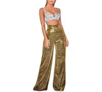 Gefomuofe Pantalones de mujer con lentejuelas, pantalones de campana holgados, cintura elástica brillante, con brillo, estilo de los 90, ropa de calle, dorado, M