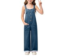 Gefomuofe Peto Jeans Niñas Ancho Pierna Mono Holgado Playsuits Verano Boho Pelele Sin Mangas Holgado Mono Vaquero Ancho Pierna Pantalones Casual Una Pieza, azul, 130