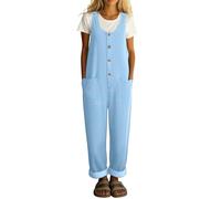 Gefomuofe Peto para mujer de verano, sin mangas, mono de verano con cuello en U, elegante vaquero con bolsillos, botones, informal, corte holgado, una pieza, 01 azul., S