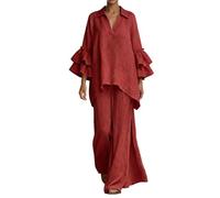 Gefomuofe Traje de cóctel para mujer, traje de pantalón elegante, manga larga, parte superior y pantalón, traje de tiempo libre, boda, traje de noche, suave, 2 piezas, monocolor, rojo, XL