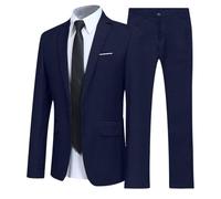 Gefomuofe Traje de hombre de 2 piezas, corte ajustado, traje de negocios, boda, pantalones formales, cena, informal, Tuxedo, 2 piezas, corte regular, blazer, azul marino, S