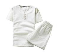 Gefomuofe Traje de lino para hombre, traje de ocio de verano, traje deportivo de 2 piezas, traje deportivo, traje de ocio, chándal, playa, camiseta, pantalón, juego de dos piezas, Blanco, XL