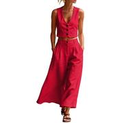 Gefomuofe Traje de negocios para mujer elegante traje de lino de verano de dos piezas sin mangas chaleco y pantalones de cintura alta 2 piezas traje casual slim fit traje festivo, rojo, M
