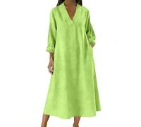 Gefomuofe Vestido camisero para mujer, suelto, cuello en V, vestido de verano, elegante, informal, monocolor, vestido maxi ligero, vestido informal para mujer, vestido de fiesta, verde, L