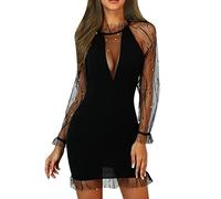 Gefomuofe Vestido de encaje para mujer, elegante, manga larga, vestido de lentejuelas, cuello en V, vestido de fiesta, corte ajustado, minivestido brillante, vestido festivo, vestido de fiesta, línea