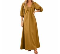 Gefomuofe Vestido de verano para mujer, vestido de invitado de boda, largo y elegante, con cuello en V, manga larga, vestido de playa, vestido con volantes, vestido de blusa asimétrico, amarillo, L