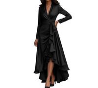 Gefomuofe Vestido elegante para mujer, cuello en V, de invierno, manga larga, irregular, vestido de negocios, vestido de cóctel, monocolor, vestido de invitado de boda, vestido maxi, Negro , S