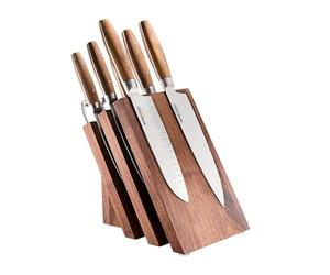 GEFU Bloque magnético para cuchillos ENNO abanico, elegante soporte para cuchillos de madera de nogal para hasta 6 cuchillos, elegante, seguro y ahorra espacio con pie antideslizante