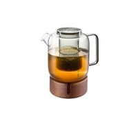 GEFU Tetera Trevio de 1,5 l con calientaplatos - Jarra de cristal con filtro en imitación de madera de nogal