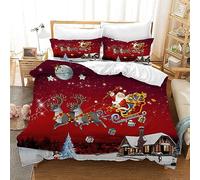 Gegeryozer Funda Nórdica Navideña 135×200 cm,Juego de Ropa de Cama Navideña, Juego Rojo Alce de Papá Noel de 3 Piezas, Adecuado para Niños, Niños y Niñas (C1)