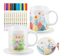 Geiserailie 2 Tazas de Cerámica Blanca para Pintar con 2 Posavasos 12 Bolígrafos Porcelana Set Manualidades Taza Café DIY Regalo para Maestro, los Posavasos No se Calientan en Horno(Estilo Clásico)