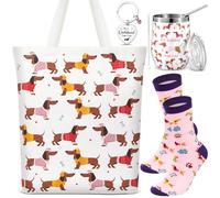 Geiserailie Juego de 4 regalos para mamá Dachshund, el mejor perro salchicha para mujer, incluye calcetines, bolsa de lona, llavero y vaso de vino, cumpleaños, graduación, Acción de Gracias, Navidad
