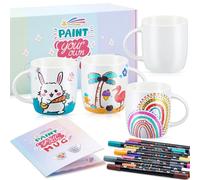 Geiserailie Kit 4 Tazas de Cerámica para DIY Pintar para Sublimación en Blanco 12 Rotuladores con 24 Colores Regalo Divertido Personalizado Cumpleaños Aniversario Día de la Madre Pascua(Clásico)