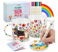 Geiserailie Kit Tazas de Cerámica con 2 Tazas 2 Posavasos 12 Bolígrafos Porcelana Set Manualidades Taza Café DIY Regalo para Maestro Graduación, Posavasos No se Calientan en Horno(Estilo Común)