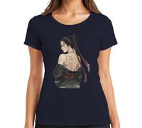 Geisha Anime Girl Japonesa Caligrafía Mujer Camiseta, azul marino, 3XL