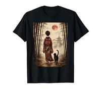 Geisha Caminando a través de Bosque de bambú con Gato Negro Luna roja Camiseta