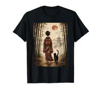 Geisha Caminando a través de Bosque de bambú con Gato Negro Luna roja Camiseta gráfica económica