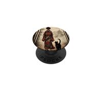 Geisha Caminando a través de Bosque de bambú con Gato Negro Luna roja PopSockets PopGrip Adhesivo