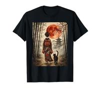Geisha Caminando a través de Bosque de bambú japonés Gato Negro Arte Camiseta gráfica económica