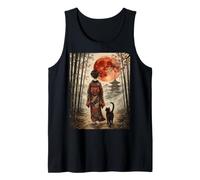 Geisha Caminando a través de Bosque de bambú japonés Gato Negro Arte Camiseta sin Mangas