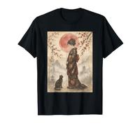 Geisha de pie y Gato Negro bajo la Luna roja Arte japonés Camiseta